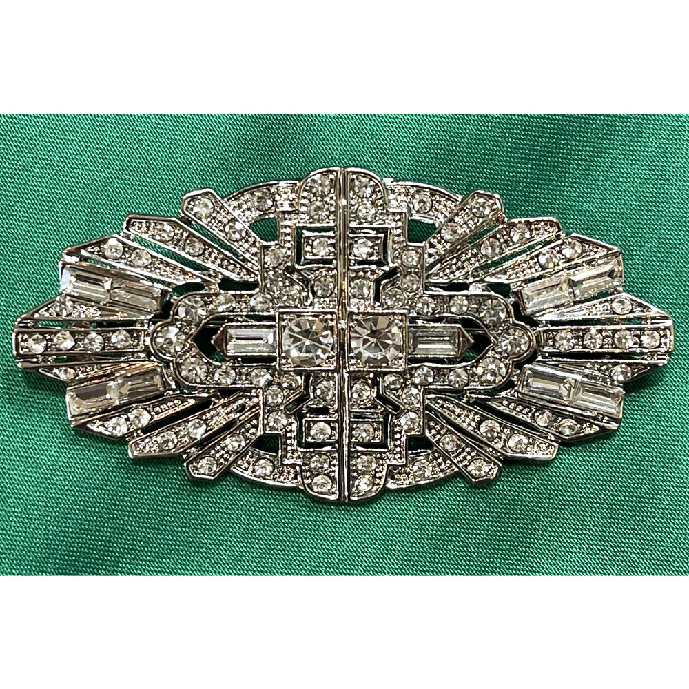 NWOT Art Deco Inspired Geometric Brooch Pin Silver Rhinestone Retro Statement